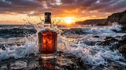 Luxury whiskey bottle standing in crashing sea waves at sunset, premium spirits advertising concept with dramatic ocean spray, glowing horizon and rich amber reflections, elegant coastal product scene