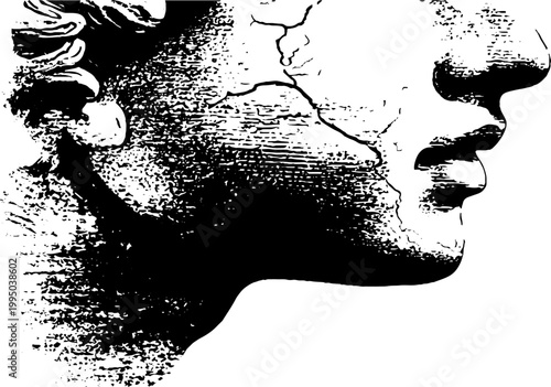 Cracked angel bust profile high contrast black and white ink illustration of aged statue for background and poster design