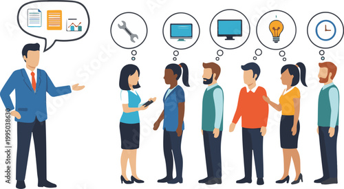 Manager giving tasks in sequence (simple icons + people)