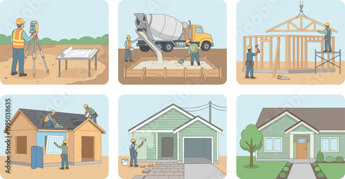 Flat Vector Illustration Set Showing Residential House Construction Process From Surveying to Finished Home