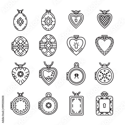 Collection of vintage lockets and pendants in an oval heart and shape on white background