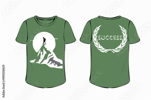 Mountain climber reaching summit with success text laurel wreath design
