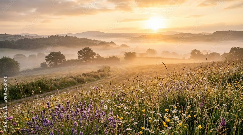 Naklejka premium Golden sunrise over a misty landscape with wildflowers, serene nature concept for travel, wellness and seasonal branding, warm light across soft fog and delicate blooms creates an uplifting scenic