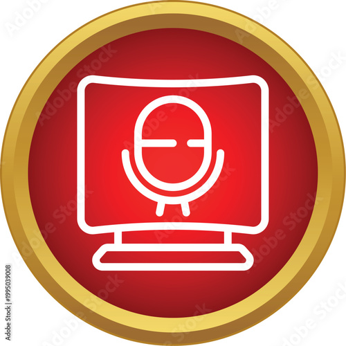 Computer monitor showing a microphone icon, symbolizing recording, broadcasting, and podcasting