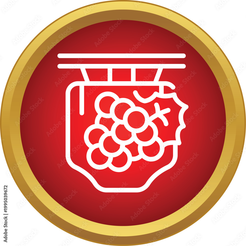 Fototapeta premium Grapes and a leaf depicting a wine store or winery sign in a red circle
