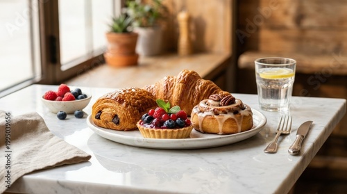 Freshly baked pastries with reflection, appetizing culinary presentation, fresh ingredients and rich texture, commercial food photography concept, inviting color, clean plating, marketable restaurant