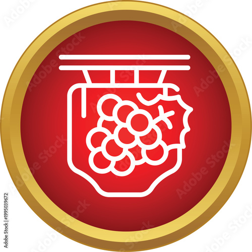 Grapes and a leaf depicting a wine store or winery sign in a red circle