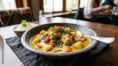 Delicious yellow curry dish in a bowl, appetizing culinary presentation, fresh ingredients and rich texture, commercial food photography concept, inviting color, clean plating, marketable restaurant