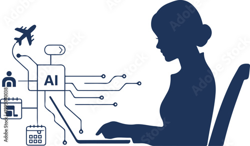 Woman using AI laptop for travel planning and personal schedule management, minimalist silhouette vector illustration