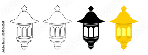 Islamic Lantern Vector Set for Ramadan Kareem, Traditional Arabic Fanous with Line Art, Dashed Trace Line, Black Silhouette, and Gold Color Styles, Isolated on White for Greeting Cards and Education