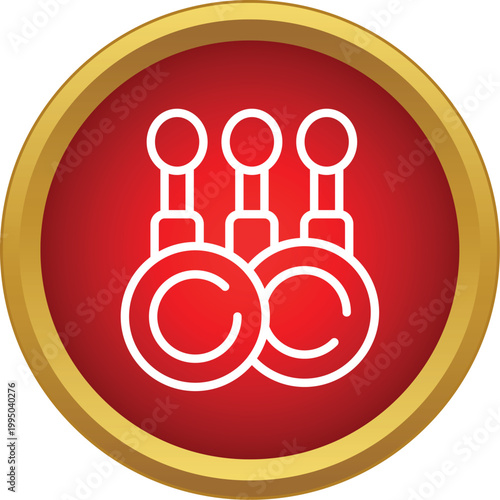 White outline of percussion tambourines on a red circle with a golden border
