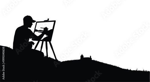 silhouette of artist painting landscape on easel