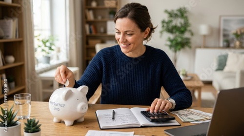 Person saving money in piggy bank while calculating finances, representing emergency fund planning, financial security, savings strategy and personal money management, ideal for personal finance,