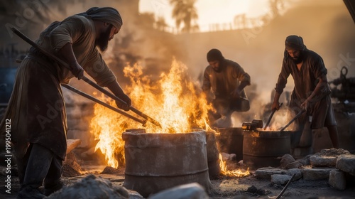 Craftsmen cast towering bronze pillars outside Jerusalem, molten metal glowing at dusk as fire and smoke rise, revealing skill, strength, and the creation of sacred structures.
