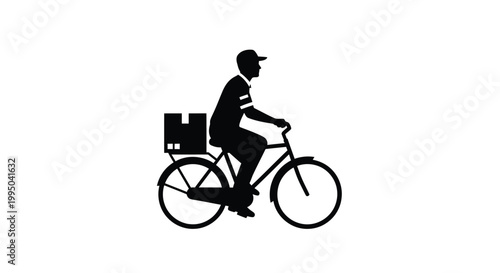 Delivery cyclist with package on a bicycle on transparent background silhouette