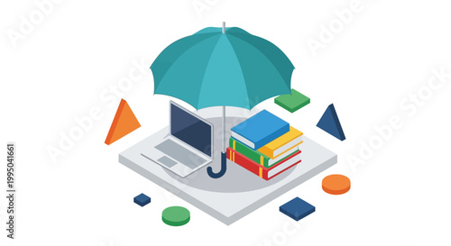 Isometric Illustration of an Umbrella Protecting a Laptop and Stack of Books, Concept for Education Insurance, Digital Security, and Student Data Protection