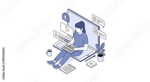 Isometric Illustration of a Female Freelancer Working Remotely Inside a Laptop, Digital Nomad and Content Creation Concept for Modern Business and Education