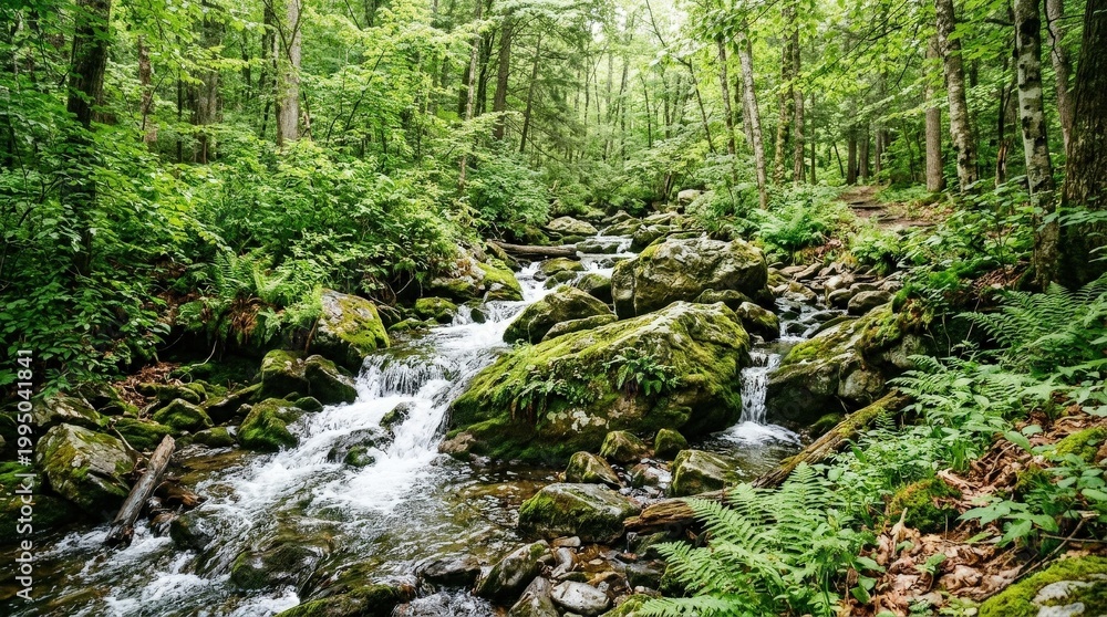 Fototapeta premium Lively forest stream flowing over moss covered boulders, lush foliage and fresh water movement, serene woodland landscape, vibrant natural textures, soft daylight, no logos