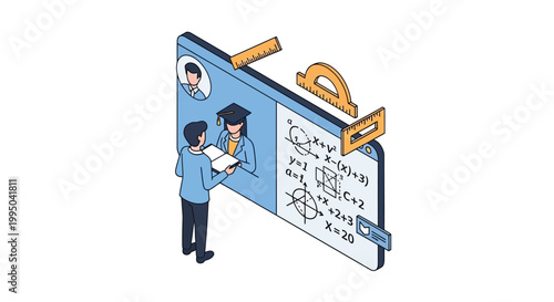 Isometric Online Education and Mathematics E-learning Concept with Student, Graduate Teacher, and Math Formulas on Digital Screen
