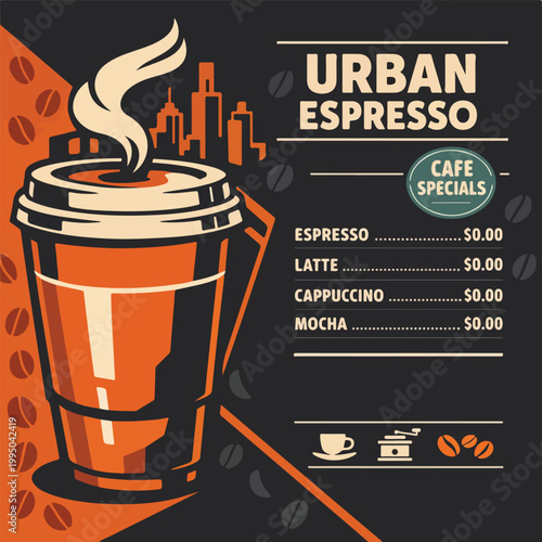 Urban Espresso Bar Vector Poster with Diagonal Split Layout and City Skyline Steam Concept, Modern Retro Coffee Menu Design