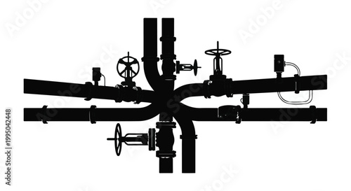 black silhouette of industrial pipe valves and fittings
