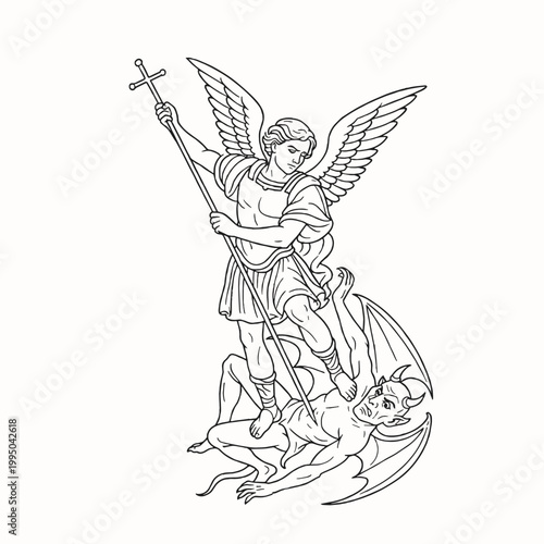 illustration of angel michael fighting the devil. black and white art . vector graphic illustration art	