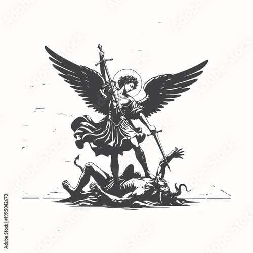 illustration of angel michael fighting the devil. black and white art . vector graphic illustration art	