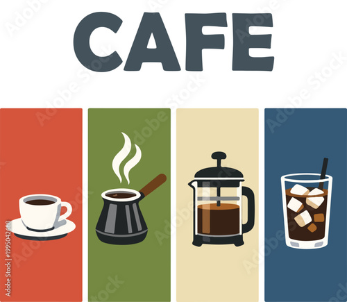 World Coffee Traditions Collection: Espresso, Turkish, French Press and Iced Coffee Vector Panels