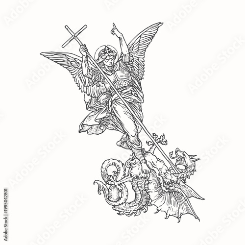 illustration of angel michael fighting the devil with a spear. black and white art . vector graphic illustration art	
