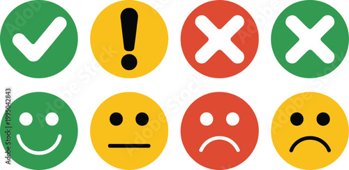 Round Icon Set with Green Check Marks, Red Crosses, Yellow Alert Symbols, and Feedback Emoticons, Flat Button Style UI Elements for Apps, Web Design, and User Interface Systems