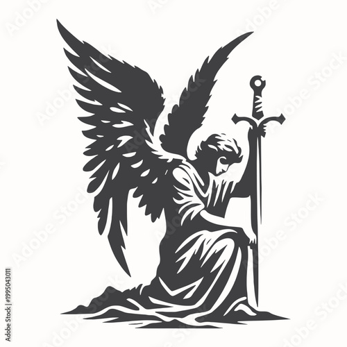 illustration of angel michael carrying a sword black and white art . vector graphic illustration art	