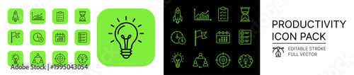 Productivity Editable Stroke Icons Pack Checklist Calendar Clock Target Chart Team Brain Lightbulb Vector Illustration UI Line Icon Set