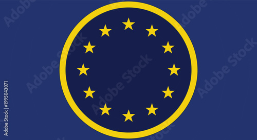 European Union flag illustration featuring a circle of twelve yellow stars on a blue background with a gold border for political and economic concepts.