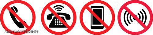No phone usage prohibition icons vector illustration set with crossed symbols for calls mobile devices and silence restrictions isolated on white background