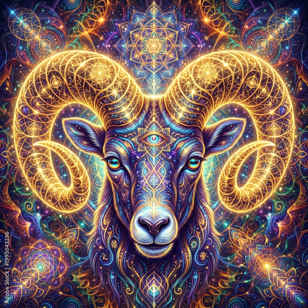 Fototapeta premium Symmetrical Ram Head with Golden Fractal Horns in Visionary Abstract Style Isolated Portrait