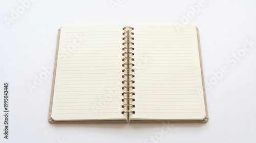 Open blank notebook with lined pages and spiral binding on white background mockup