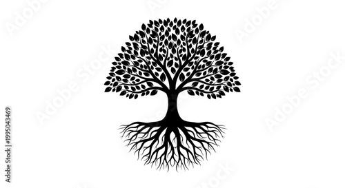 A striking black and white illustration of a full leafy tree with detailed roots