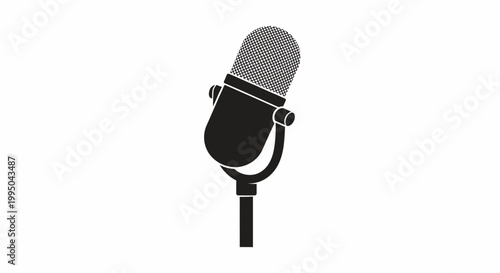 A simple black silhouette of a vintage style microphone on white