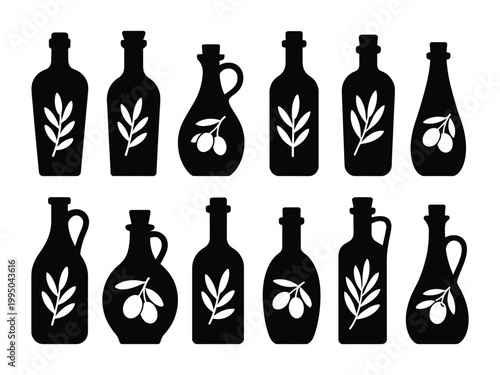 Olive oil bottle icons set, glass bottles with olive branch labels for Mediterranean food, cooking, and organic product design.