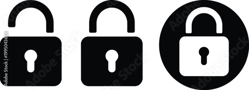 Lock icons set featuring open and closed padlocks in outline and solid styles for security protection concept vector design