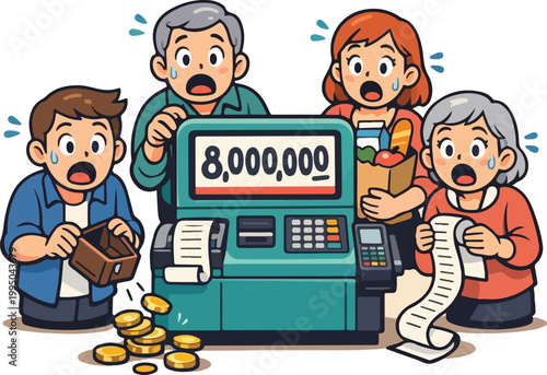 Rising Grocery Costs Shock at Supermarket Checkout – Household Budget Crisis Concept Vector