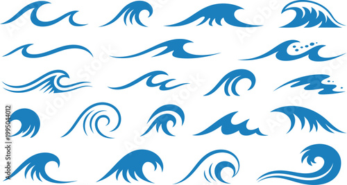 Ocean wave icons set featuring stylized blue water waves in various shapes for marine design and seaside vector illustration