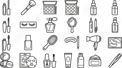 black and white illustration of various beauty products and tools