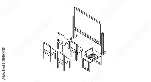 Minimalist Isometric Classroom Illustration with Whiteboard, Desk, and Chairs Line Art