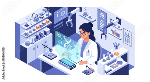 Female Scientist in Futuristic Isometric Laboratory Working with DNA Hologram and Robotic Arms - Biotechnology Concept
