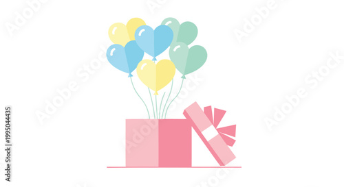 Gift box with colorful balloons and bow, festive icon, celebration symbol, party decoration