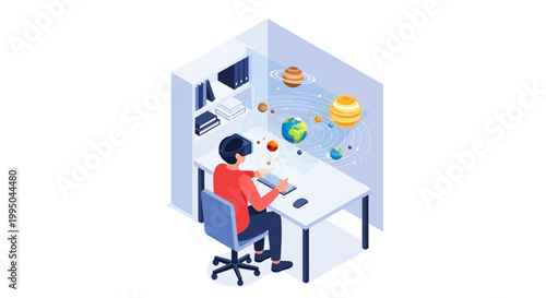 Isometric Illustration of Student Using Virtual Reality to Study the Solar System and Planets in a Futuristic Classroom