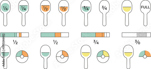 Measuring spoon capacity levels vector illustration showing fractional fills and progress bars for cooking measurement guide kitchen infographic and recipe education