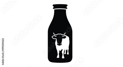 Black milk bottle with a cow illustration on transparent background silhouette