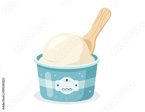 Vanilla Ice Cream Tub with Wooden Scoop – Minimal Flat Dessert Illustration